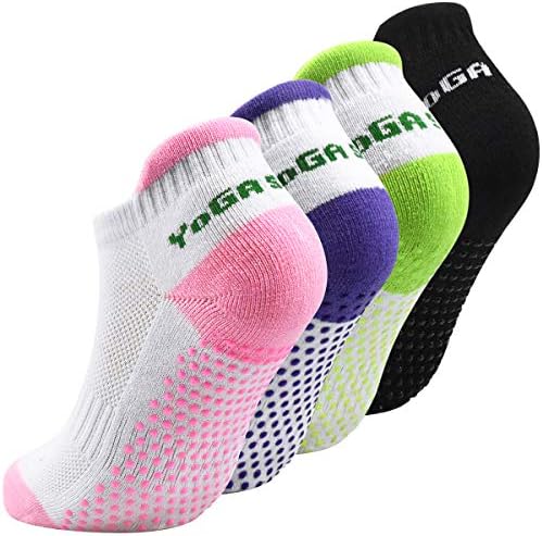 4 Pairs Non Slip Yoga Socks for Women, Pilates Socks with Grips, Grip Cotton Socks for Running, Dance, Ballet, Sports, UK Size 4-7