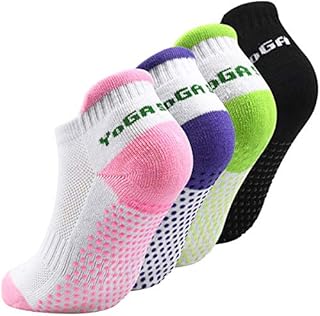 4 Pairs Non Slip Yoga Socks for Women, Pilates Socks with Grips, Grip Cotton Socks for Running, Dance, Ballet, Sports, UK Size 4-7
