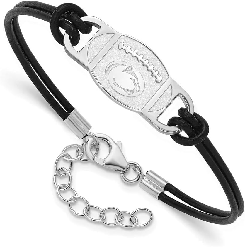 LogoArt Sterling Silver Rhodium Plated Penn State Leather Bracelet, 7 Inch