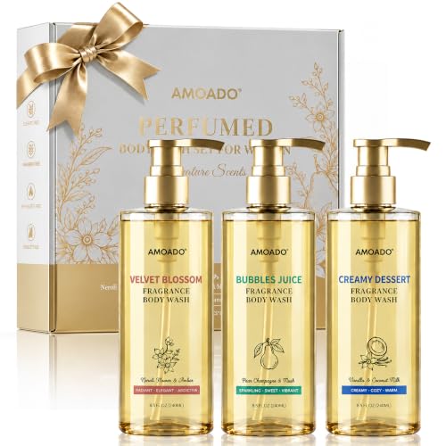 AMOADO Women’s Fragrance Body Wash Set, 3 Pack Luxury Scented Body Wash Set for Women, Spa Shower Gel Trio Collection, Bath and Body Gifts for Women