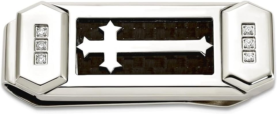 19mm Stainless Steel Polished With Cubic Zirconia and Carbon Fiber Inlay Religious Faith Cross Money Clip Money Clip for Men