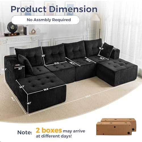 MAXYOYO 129.5" Modular Sectional Sofa Couch, U Shaped Modern Cloud Couch with 2 Ottomans, Sofa in A Box, Tufted 6-Seat Boneless Sleeper Chair for Living Room, No Assembly Required, Black - Thumbnail 5