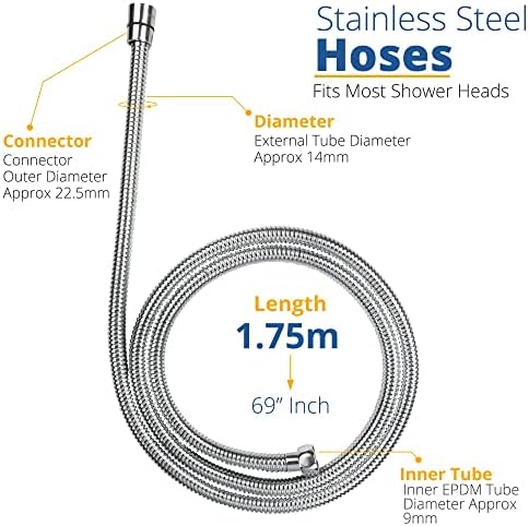 Drawer360 1.75m (69") Shower Hose | Stainless Steel Replacement Universal Fit Shower Pipe Anti-Kink Hose with 4 Washers  Chrome Effect