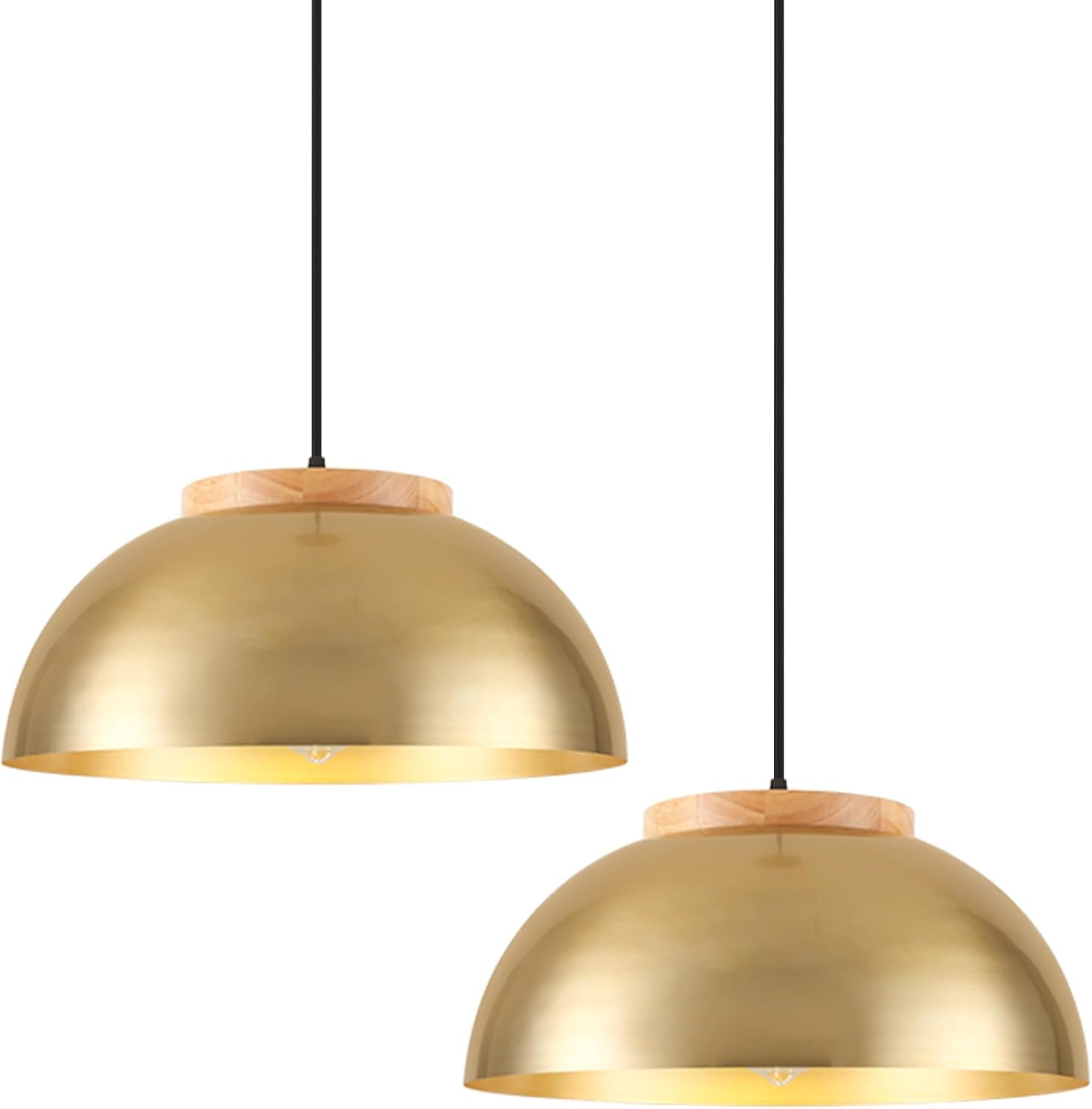 Gold Pendant Light, 15.7" Modern Pendant Lights for Kitchen Island, Dining Room, Bedroom, Farmhouse Pendant Light Fixtures with Wooden Accent, 2 Pack Gold 15.7" - 2 Pack