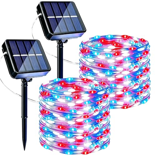 Joomer Red White Blue Solar Fairy Lights, 4th of July Memorial Day Decor, 2 Pack 39FT 120 LED String Light, 8 Lighting Modes with Memory, Waterproof Outdoor Patriotic Lights for Independence Day Decor