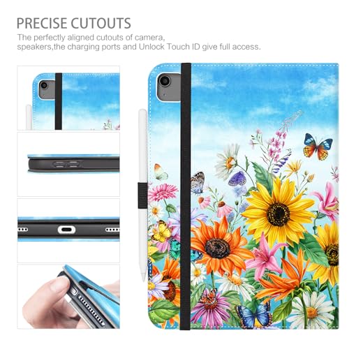 Case for iPad Air 13-inch M4/M3/M2, iPad Pro 12.9 6th/5th/4th/3rd Generation Case with Pencil Holder Multi-Angle Adjustable Stand Shockproof Pocket/Hand Strap/Auto Wake Sleep Sunflowers Butterfly by CutebriCase - Image 7