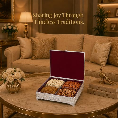 Image of Diviniti Decorative Silver Embossed Dry Fruit Box with 4 Compartments | Premium Ivory Designer Storage Box for Dry Fruits, Nuts, Chocolates & Sweets | Elegant Home Decor & Festive Gift Box