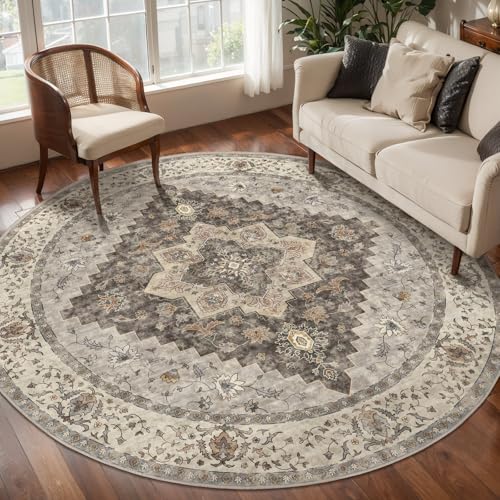 Image of Tangsoo Washable Round Area Rugs 5ft, Vintage Non Slip Circle Rug Low Pile