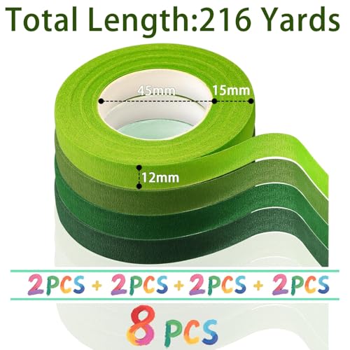 XRXYMQ 8 Stück Floristenband 216m Floristenkrepp 4 Grün Farben Floristentape 12mm Floral Tape Für Bouquet Selbstklebend Blumenband Für Blumenstrauß Stiel Verpacken Und DIY Kunsthandwerk (27m/Bände)