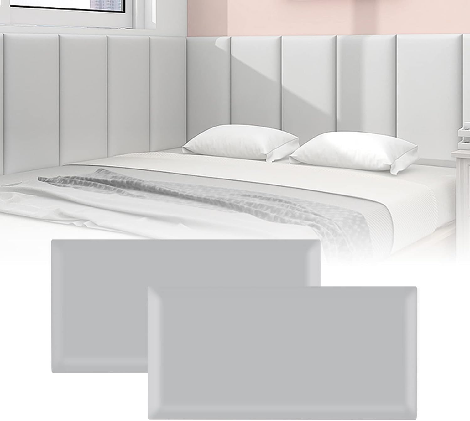 3D Anti-Collision Wall Padding for Kids, Peel and Stick Upholstered Wall Panels, Queen Headboard, Playroom Decorative Protection Panel, Pack of 2 Panels Sized 23.6” X 11.8” (Light Grey)