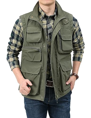 Sukany Men's Casual Lightweight Utility Vest Outdoor Fishing Safari Gilet Cargo Shooting Travel Waistcoat with Pockets Army Green S