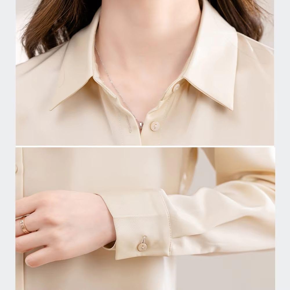 Camisa elegante de satén liso para mujer, de manga larga, vintage, para oficina, trabajo, blusa blanca, ropa formal