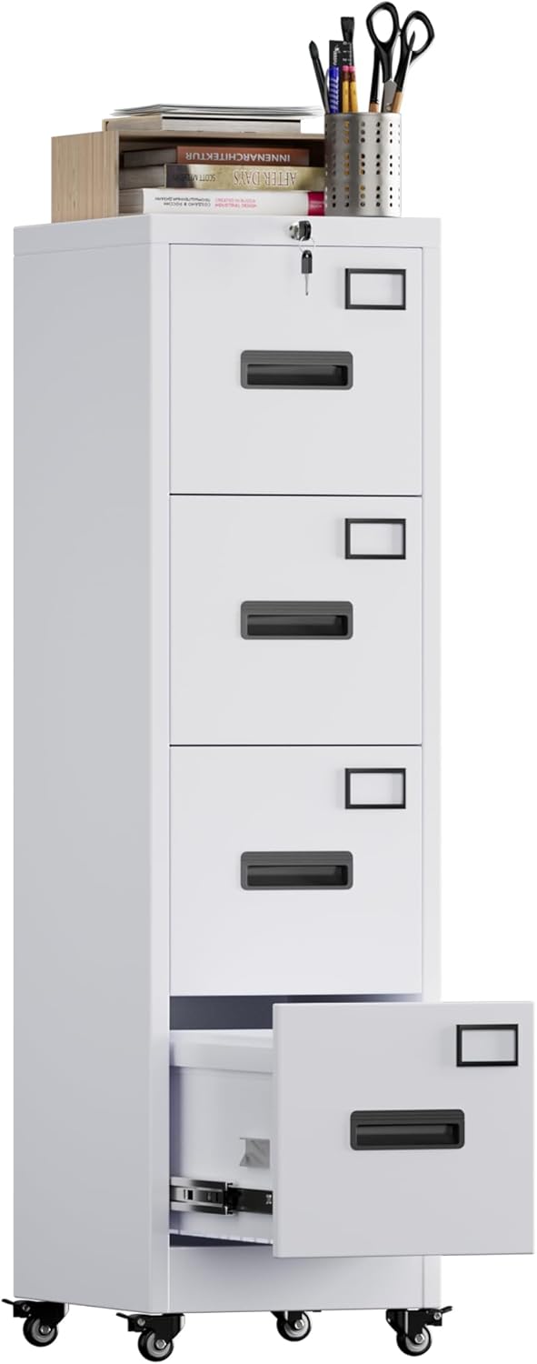 METAN 4 Drawer File Cabinet on Wheels, Lockable Metal Filing Cabinet with Handle and Name Card for O...