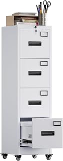 METAN 4 Drawer Lockable File Cabinet on Wheels - Metal Vertical Filing Cabinet for Home Office, White, Legal/Letter Size