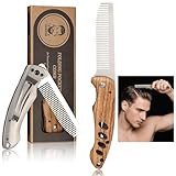 Peine de Bolsillo Plegable para Hombre, Peine para Barba y Cabello de Acero Inoxidable con Mango de Madera de Cebra, 16.7 cm, Para Viajes