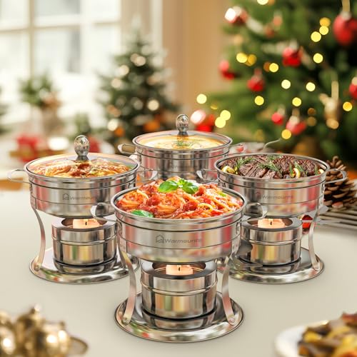 Mini Chafing Dishes for Buffet 1QT 4 Pack with Glass Lids, Round Food-Grade Chafers and Buffet Warmers Sets with Rolled Rim Design, Dishwasher Safe Individual Shabu Hot Pot for Party, Banquet