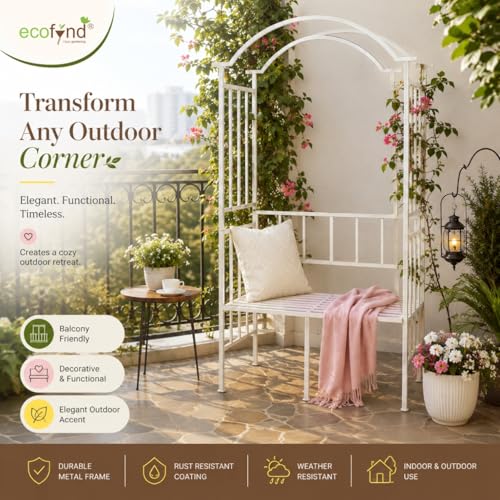 Image of ecofynd 6.8 Feet High 3.8 Feet Wide Garden Arch with 2-Seater Bench, Metal Arbor Trellis for Climbing Plant with Outdoor Garden Chair, Backdrop Stand for Wedding Lawn Backyard Party Decor (GC004-WHT)
