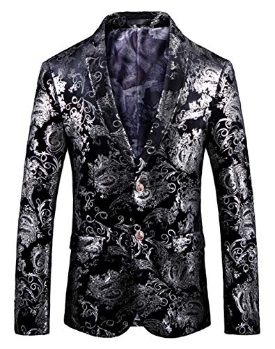 Vchomi Men's Classic Notched Lapel Floral Suit Jacket Small Silver