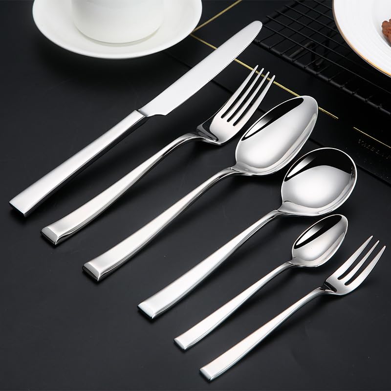 Besteckset, 6/24/36/48/60/72-teilig, kreatives Besteckset aus Edelstahl 304 mit quadratischem Griff, 6-teilig, Steakmesser, Dessertlöffel. Silber, 48 Teile für 8 (Gold, 36 Teile für 6)