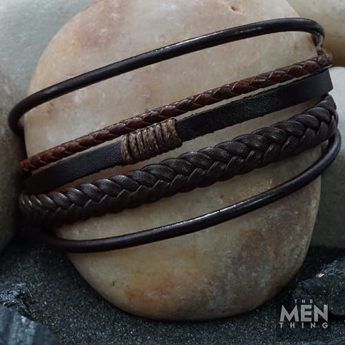 Image of THE MEN THING Leather Bracelet for Men - American Style Brown Genuine Leather Multi-Layer Braided Bracelet with 100% Stainless Steel Magnetic Buckle for Men & Boys
