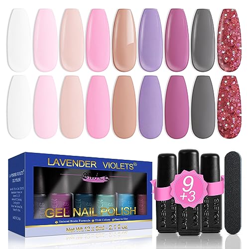Lavender Violets 13 Pcs Gel Nail Polishes Set 9+3 Nude pink purple Nail Art Design UV LED Soak Off With Base Coat,Matte n No Wipe Top Coat Nail File Starter Kit F687