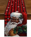 Nepnuser African American Christmas Buffalo Plaid Table Runner Black Santa Claus Christmas Decoratio