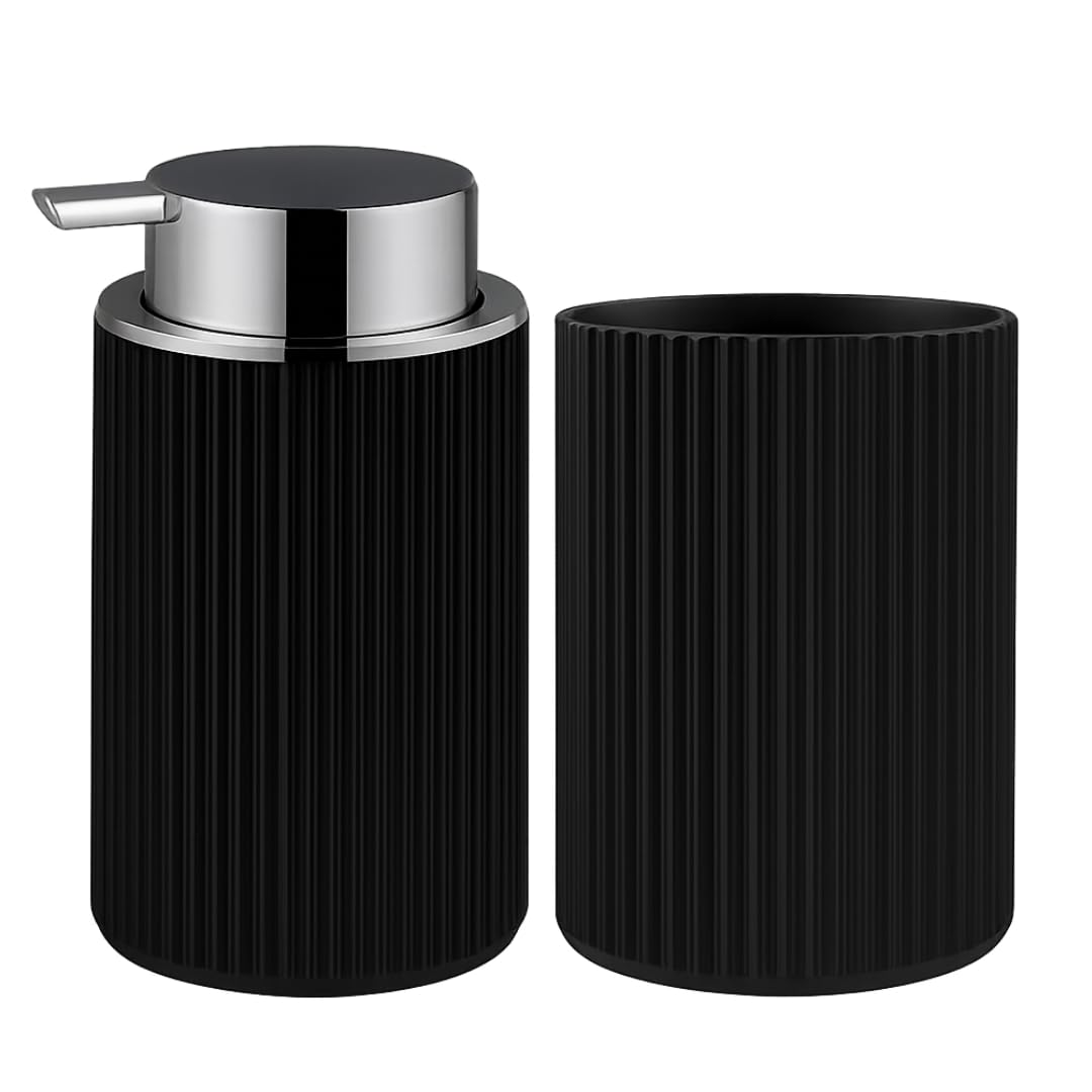 Juego dispensador jabon baƱo y Vaso, dispensador de jabón y portacepillos para baƱo Moderno 300ml, Accesorios Cocina y baƱo, jabón lĆquido y Gel Recargable, Botella de jabón (Negro y Plateado)