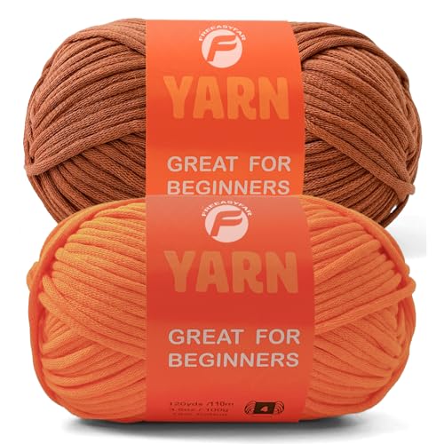 Image of 2x3.5Oz Beginner-Friendly Yarn for Crocheting and Knitting;Worsted-Weight Medium #4;Cotton Blend Yarn for Beginners with Easy-to-See Sitches,Great for Amigurumi DIY (Latte+Orange)