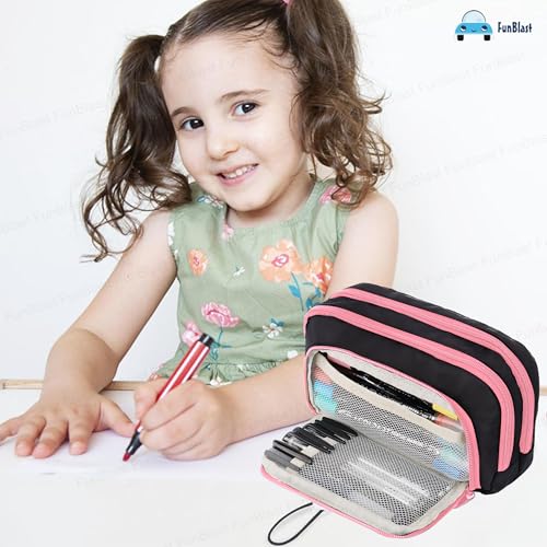 Image of FunBlast Pencil Pouch for Girls - Multiple Compartment Zipper Pouch With Drawstring Pocket, Aesthetic Kawaii Pencil Case, Cute Return Gift for Kids (Black-Pink)