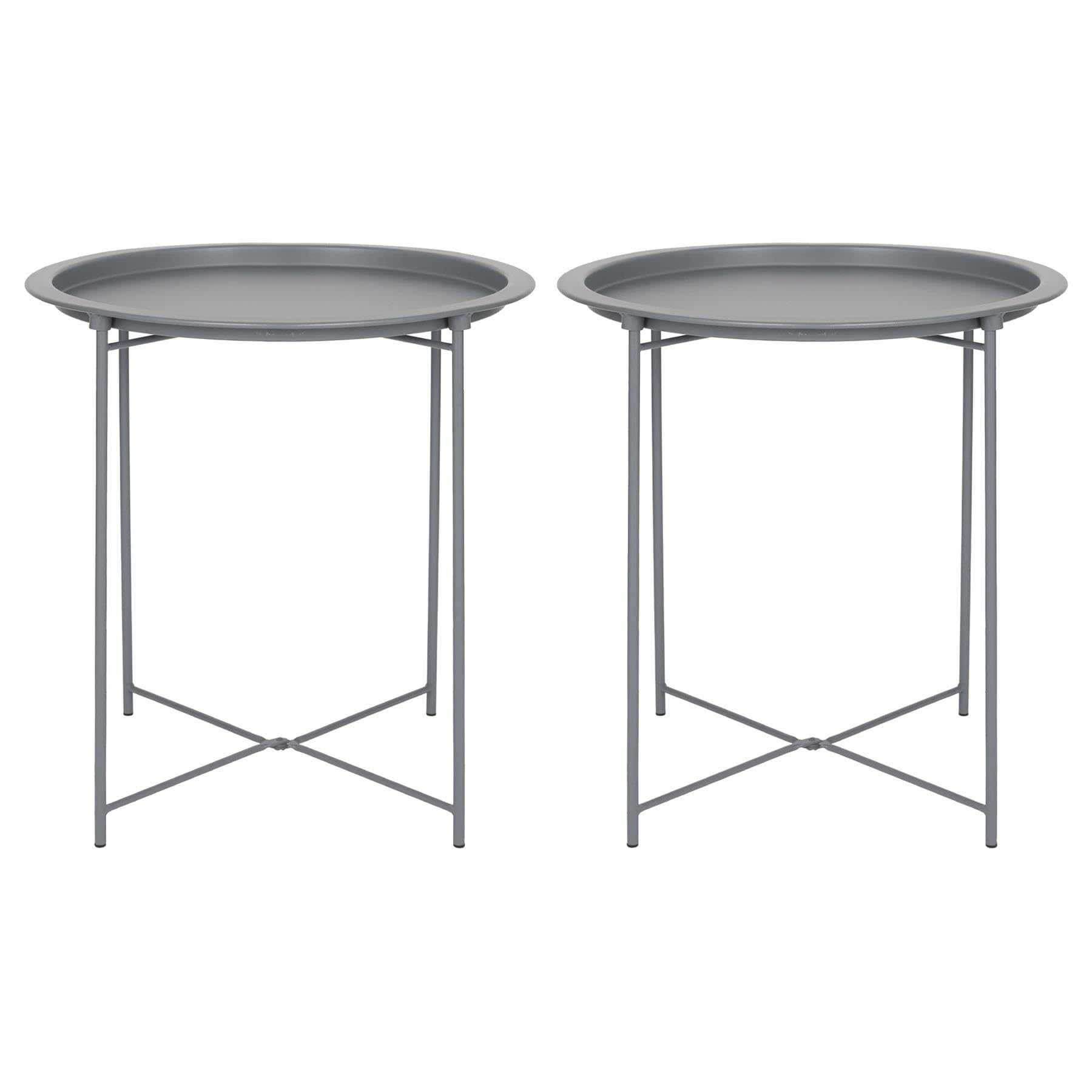Harbour Housewares Round Tray Tables with Removable Trays - Pack of 2 - Matte Grey Steel Bed Side Table Raised Lip Serving Board Compact Collapsible Folding Table for Bedroom, Home and Office