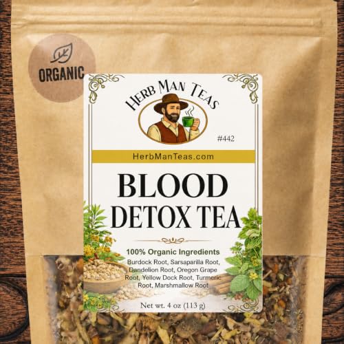 BLOOD DETOX TEA – Cleanses the Blood, Supports Liver Function & Improves Skin Conditions with Sarsaparilla Root, Burdock Root, Dandelion Root, Yellow Dock Root, Oregon Grape Root & Turmeric – Premium Organic Loose Leaf Tea, Non-GMO, No Additives – Made by Master Herbalist