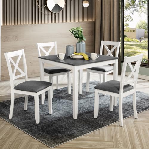 Image of Harper & Bright Designs 5-Piece Wood Dining Table Set for 4, Kitchen Furniture Set with 4 High Back Upholstered Dining Chairs for Small Places,White+Gray