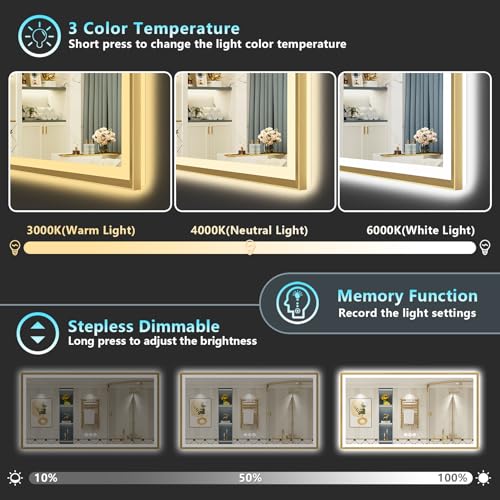 Image of 72x36 Gold Beveled LED Bathroom Mirror Backlit & Front Lit Anti-Fog | Brushed Gold Framed, Anti-Fog Lighted Vanity Mirror, Dimmable, 3-Color Light, Memory, CRI95, HD Tempered Glass, UL Listed