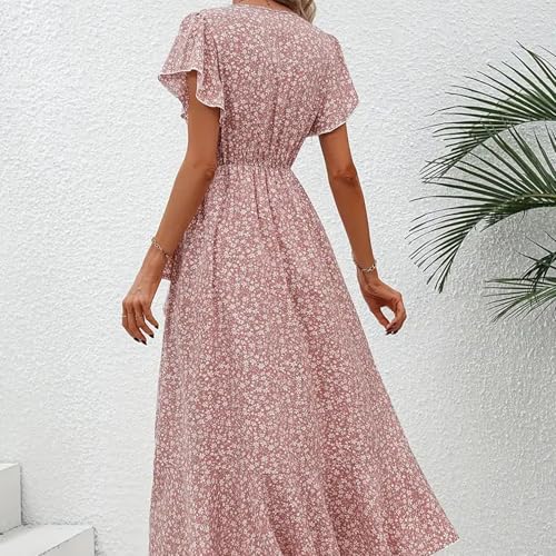 Image of Summer Dresses V Neck Short Sleeve Floral Midi Dress with Tie Waist Ruffled Boho Casual Dress for Beach Vacation
