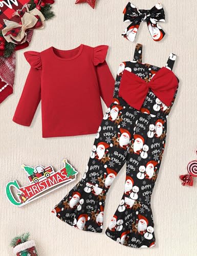 Queenstyle Roupa infantil de Natal para meninas, 5 anos, 6 anos, blusa de manga comprida, macacão de