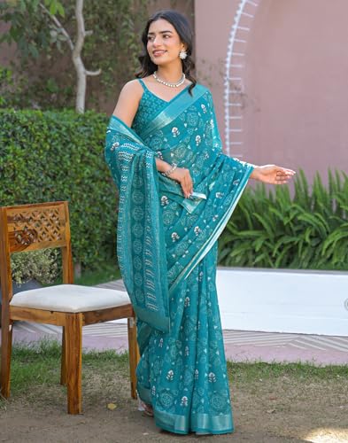 Image of SIRIL Women's Printed Cotton Saree with Unstitched Blouse Piece