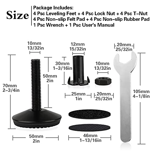 Tahikem 4 Set M10 Adjustable Leveling Feet, Heavy Duty Height Adjuster Furniture Leveler Foot With T Nut, Screw On Cabinet Restaurant Table Chair Self Levelers Leg (2" Base Dia & Thread Length, Black) #TOP1