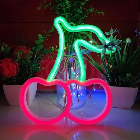 JYWJ Cherry Neon Sign,USB or 3-AA Battery Powered Neon Light,LED Table Decoration,Bedroom Wall Decoration,Birthday Gift,Wedding Supplies Business Gift(Green+Red) Cover