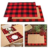 AerWo 6pcs Christmas Buffalo Plaid Placemats, Waterproof Cotton & Burlap Red and Black Buffalo Check...