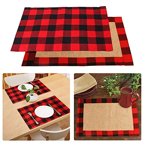 AerWo 6pcs Christmas Buffalo Plaid Placemats, Waterproof Cotton & Burlap Red and Black Buffalo Check Placemats for Christmas Holiday Table Decorations