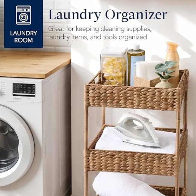 Best Choice Products 3-Tier Water Hyacinth Rolling Nursery Caddy w/Wheels, Utility Cart, Storage Organization for Bathroom, Craft Room, Laundry Room¨C Chestnut-2ylDAuvp