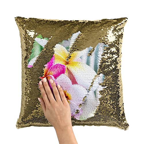 Coussin sequin doré fleurs de plumeria tropicales - 3