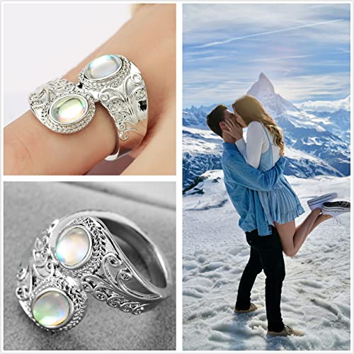 Genuine Moonstone Ring for Women Sterling Silver 925 Rainbow Moonstone Ring Natural Moon Stone Promise Engagement Band Ring Gemstone Rings Vintage Birthstone Dainty Gifts for Women Size 6-10 (8)2