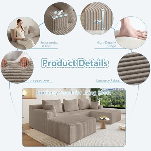 Image of 107 inch Boneless Cloud Couch Sectional Couches Sofa for Living Room