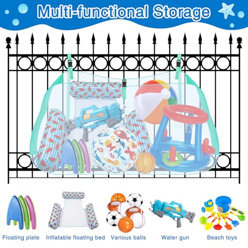 Pool Float Storage Net, Pool Toy Organizer Mesh Bag for Large swimming Inflatable Toys, Sports Balls, Patio Accessories, Foldable Pool Floats Holder Pouch Attaches To Pool Side or Fence (Green) - Thumbnail 7