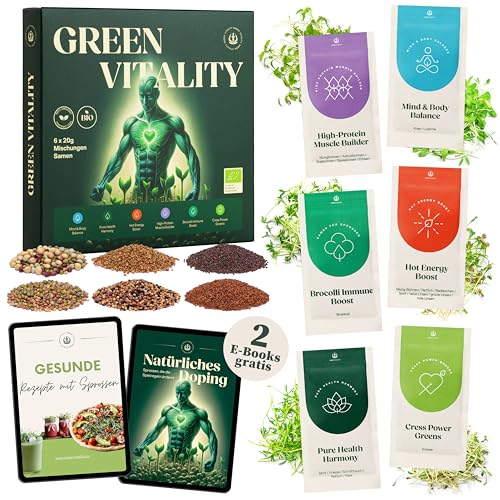 Green Vitality BIO Sprossen Anzuchtset 6 Vitalitäts-Mischungen für Sprossenglas und Kressesieb - Microgreens Starter Set mit hochwertigen Sprossen Samen für gesunde Ernährung - Inkl. 2 Gratis E-Books