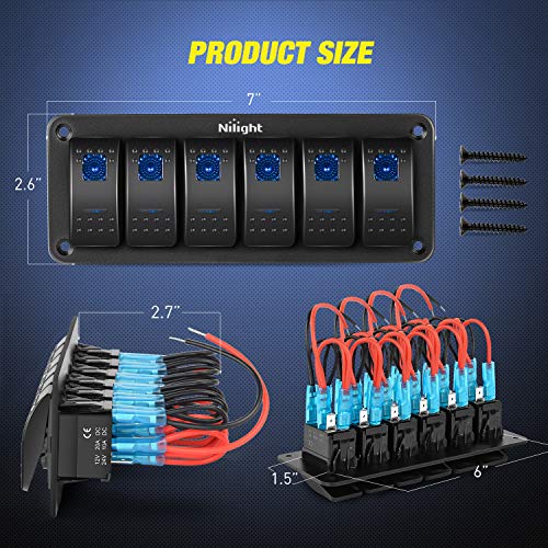 Nilight-90111F 6 Gang Aluminum Rocker Switch Panel Toggle Dash 5 Pin On/Off Pre-Wired Rocker Switch Blue Backlit Switch For Automotive Car Marine Boat Rv,2 Years Warranty #TOP1