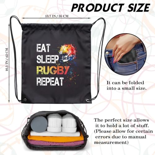 rofiowa Eat Sleep Rugby Repeat Drawstring Backpack For Men Women, Waterproof Sport Sackpack For Rugby Lover Rugby Fan, Funny Birthday Christmas String Gym Bag Gifts For Her Him