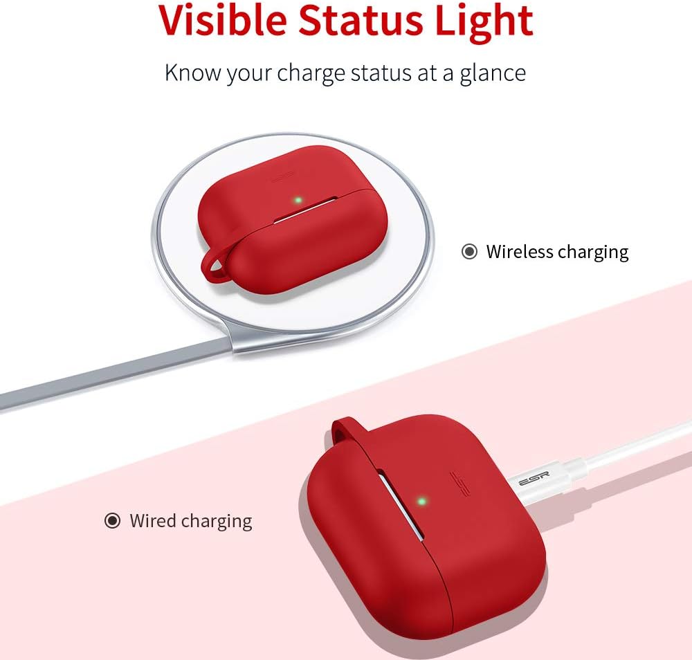 ESR Upgraded Protective Cover Compatible with AirPods Pro Case, Silicone Case with Carabiner for 2019 AirPods Pro Charging Case [Front LED Visible] [Shock-Absorbing] Soft Slim Case – Red