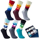 Vkele 6 Paar einfarbige Socken Geschenkpack, kariert, bunt, punkte, gestreift, Business Herrensocken, Crew Socken, Baumwolle, Gr. 39-46, 39-42, Kariert Ⅰ